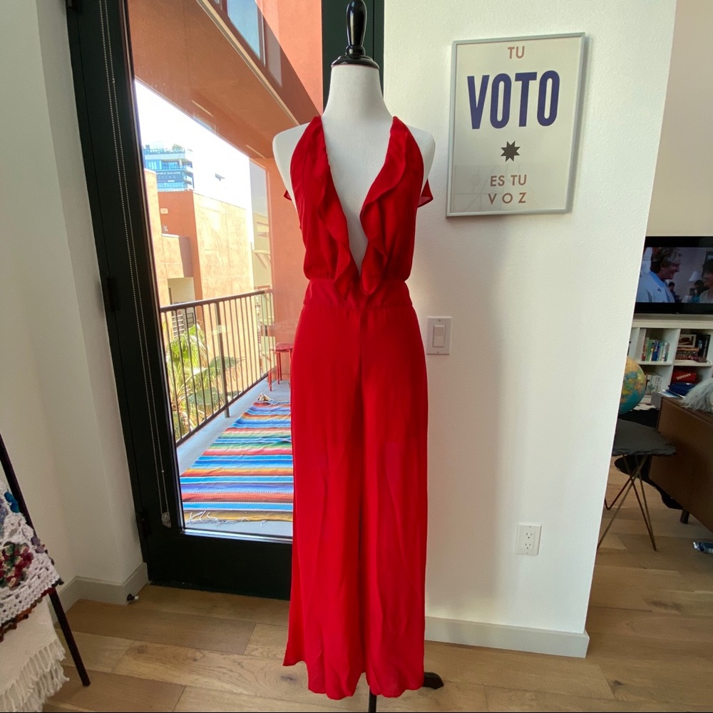 Red Chiffon Ruffle V Neck Plunge Jumpsuit XS S